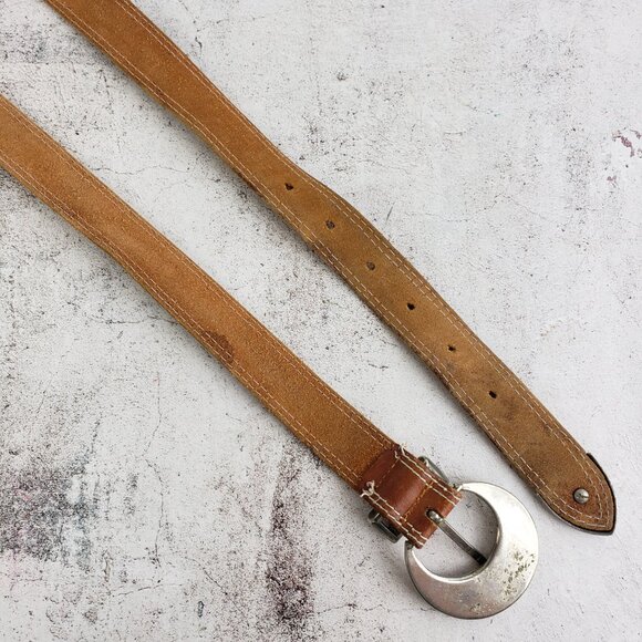 Vintage Genuine Leather Belt tan Brown Art Deco Bohemian Ethnic Western size L - Picture 6 of 8